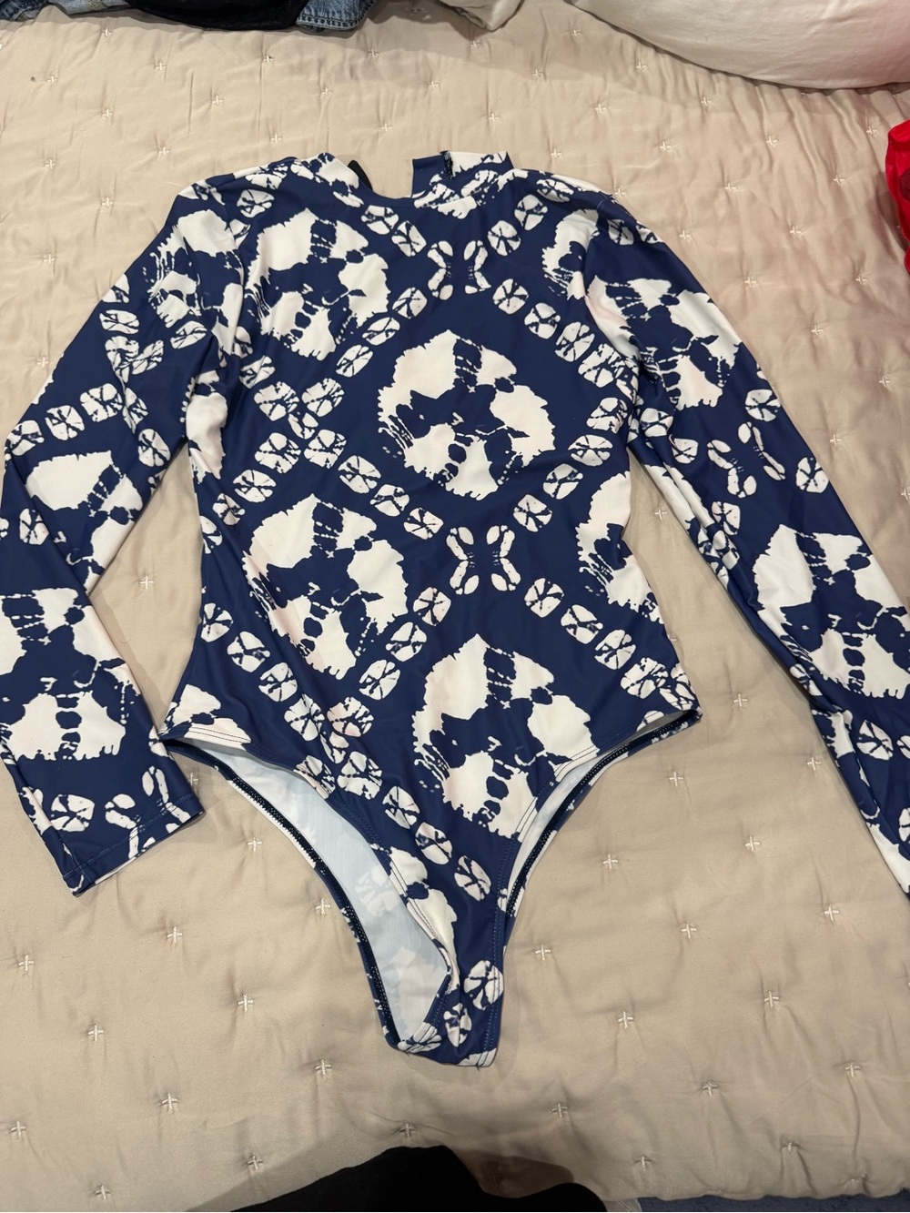 SHEIN Navy and White Tie-Dye Long Sleeve One-Piece